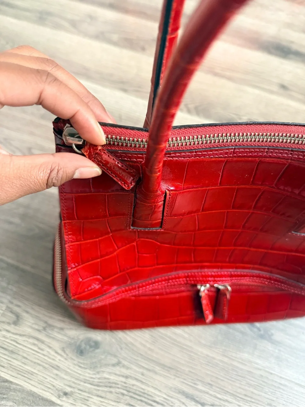 Red Croc-Embossed Structured Satchel Handbag